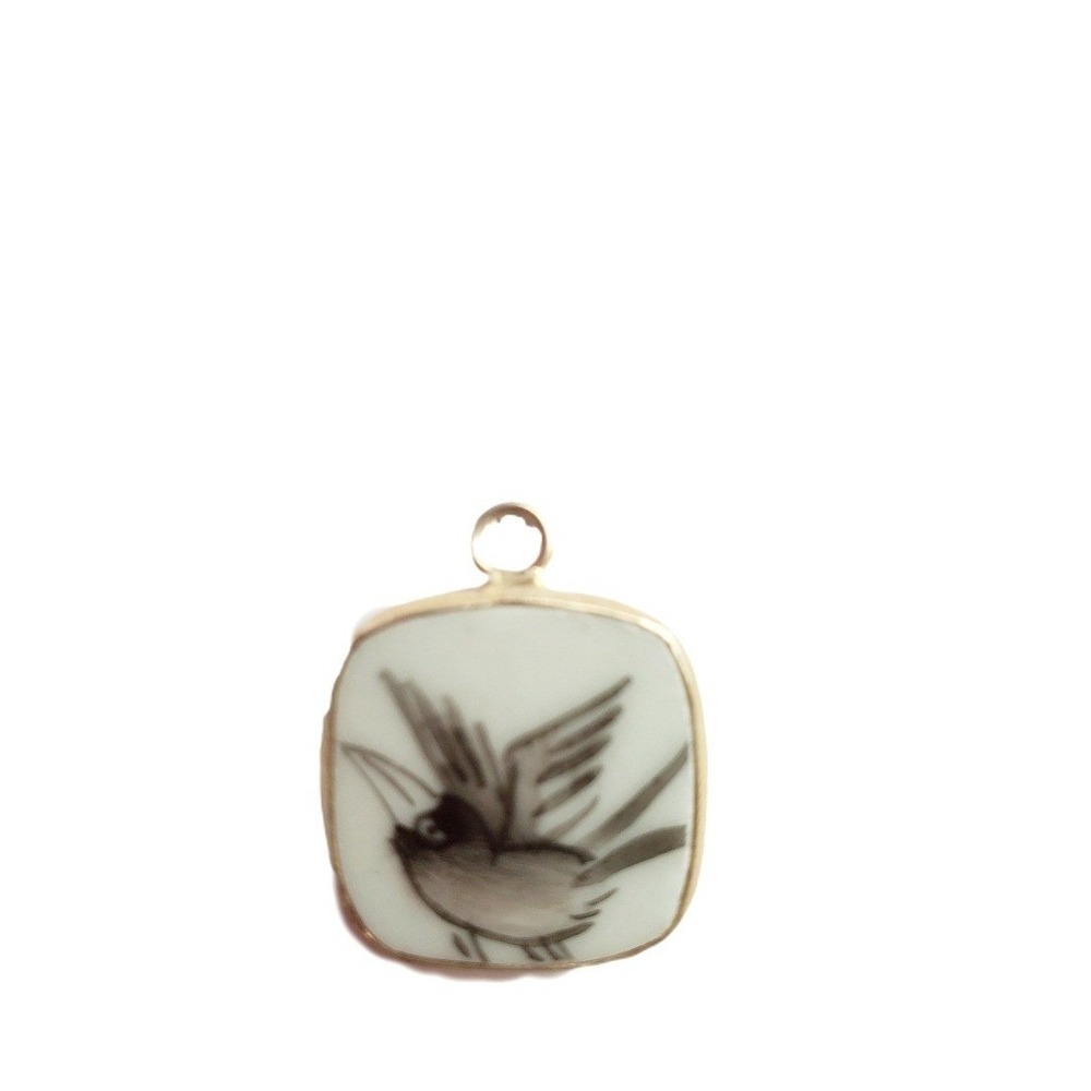 Black Bird Vintage Porcelain Pottery Shard Pendant Jewelry Charm Mini DIY Focal